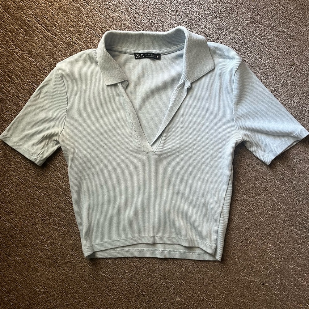 Zara Baby Blue Ribbed Cropped Polo Small - Picture 2 of 5